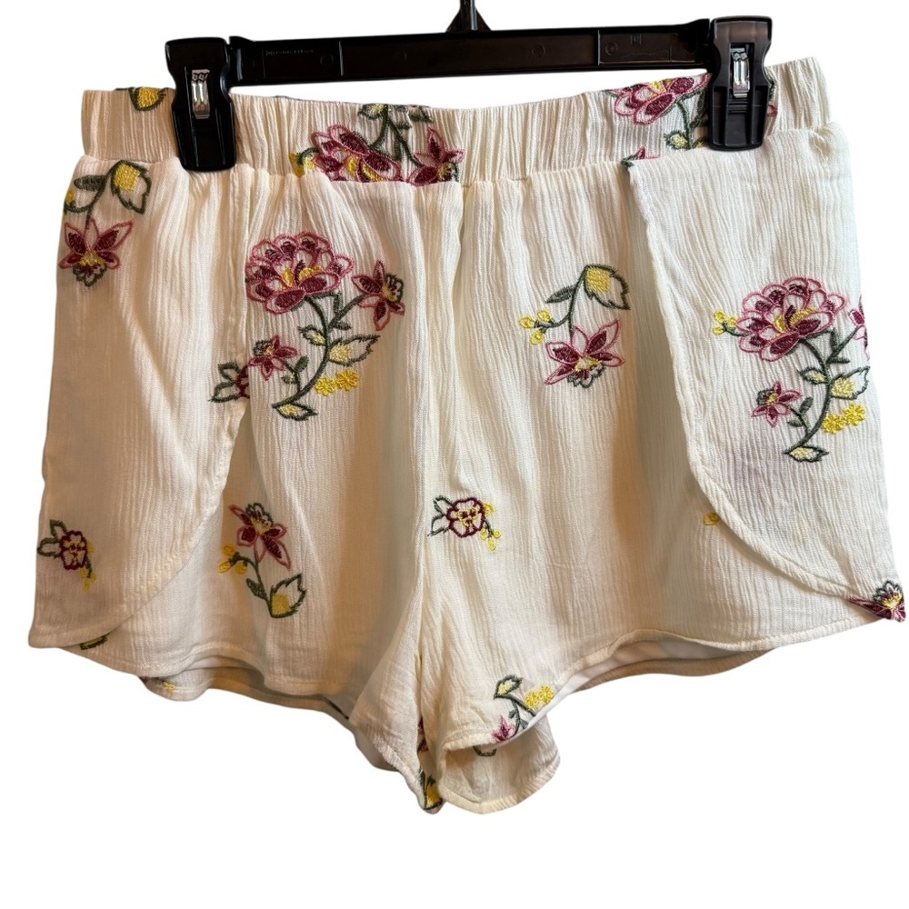 Blue Rain White Floral Embroidered High-Waist Shorts